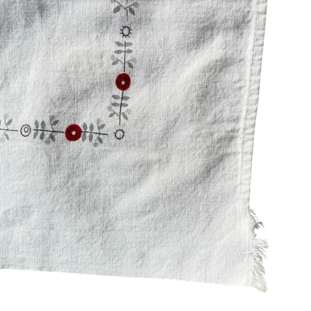 Red & white cotton tablecloth Pennsylvania Dutch motif mid century minor FLAWS